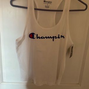 NWT Women’s champion workout shirt white with blue and red lettering. Size small